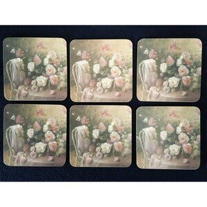 Pimpernel 6 Coasters By F.De Villenueve Floral Square Cork Lined Vintage 4*4" UK